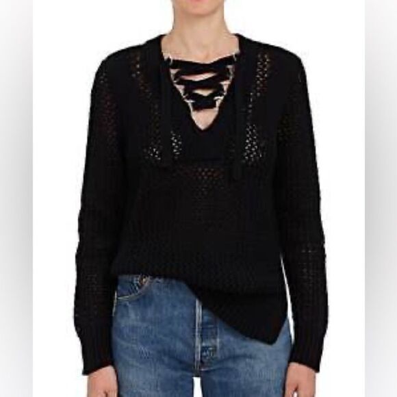 Derek Lam 10 Crosby Open Knit Black Cotton Lace Up V Neck Sweater Size SP - Picture 1 of 7